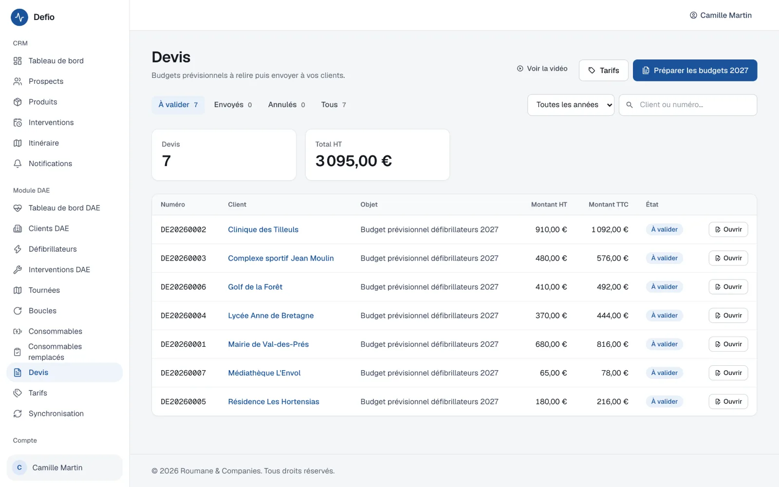 Liste des budgets prévisionnels à valider avant envoi aux clients